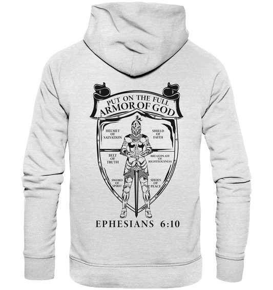 „Put on the Full Armor of God“ – Rückseite | Christliche Kleidung - Premium Unisex Hoodie - Hoodies - Heather Grey (meliert) - GfoitMa