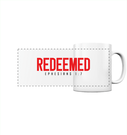 Redeemed – Ephesians 1:7 – Erlöst durch sein Blut | Christliche Produkte - Panorama Tasse - Trinkgefäße - White glossy - GfoitMa