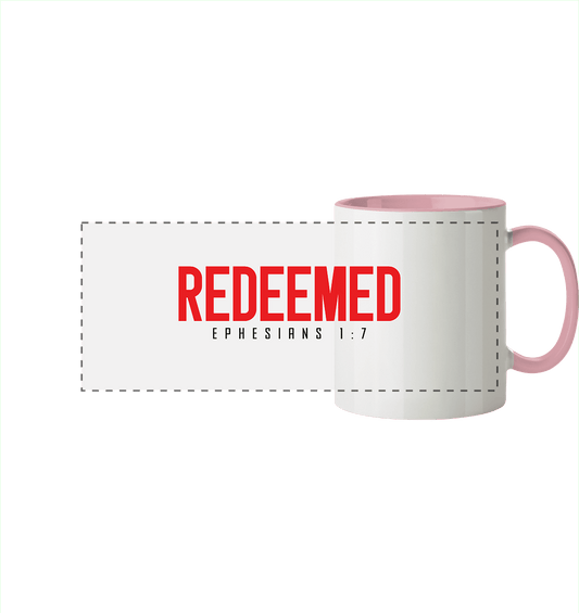 Redeemed – Ephesians 1:7 – Erlöst durch sein Blut | Christliche Produkte - Panorama Tasse zweifarbig - Trinkgefäße - Altrosa - GfoitMa