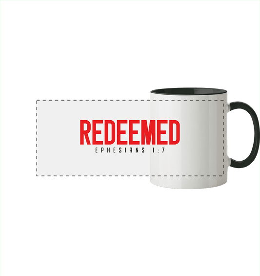 Redeemed – Ephesians 1:7 – Erlöst durch sein Blut | Christliche Produkte - Panorama Tasse zweifarbig - Trinkgefäße - Black - GfoitMa