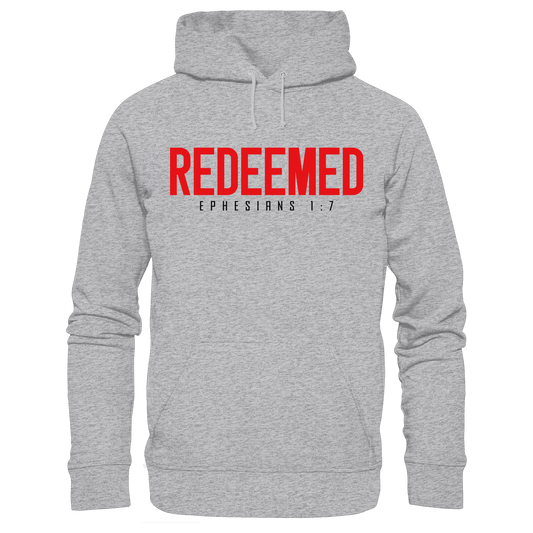 Redeemed – Ephesians 1:7 – Erlöst durch sein Blut | Christliche Produkte - Premium Unisex Hoodie - Hoodies - Heather Grey (meliert) - GfoitMa